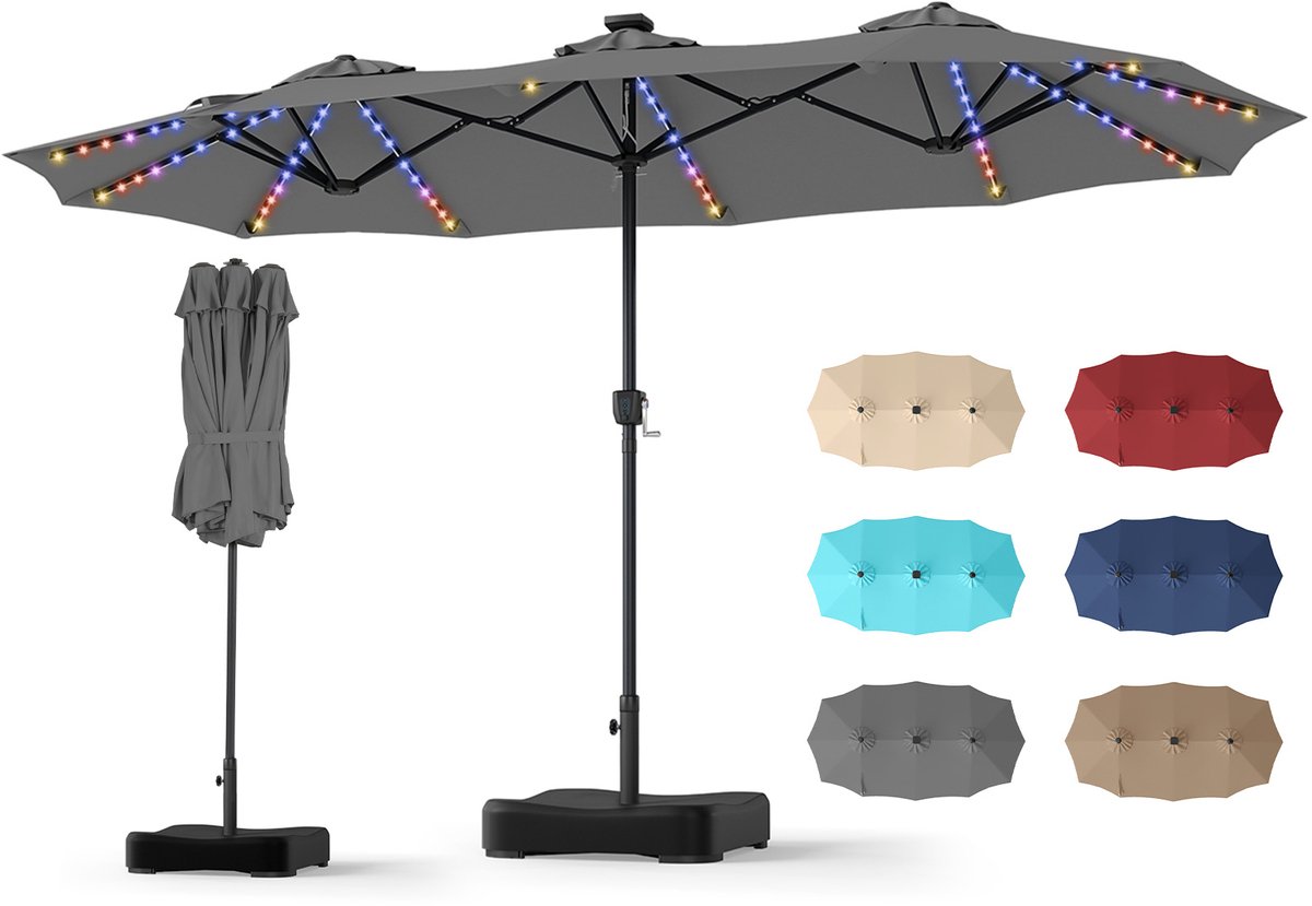 SureDeal® - Parasol - Dubbel - Slinger - Voet Terrasparasol - LED lampjes - 370x200x230 cm - Grijs
