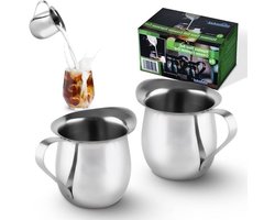 Melkopschuimkan Roestvrij Staal - Espresso Pitcher Schuimcup - Latte Art Maken - Afgeronde Schenktuit - 2 stuks 8 oz - Zilver