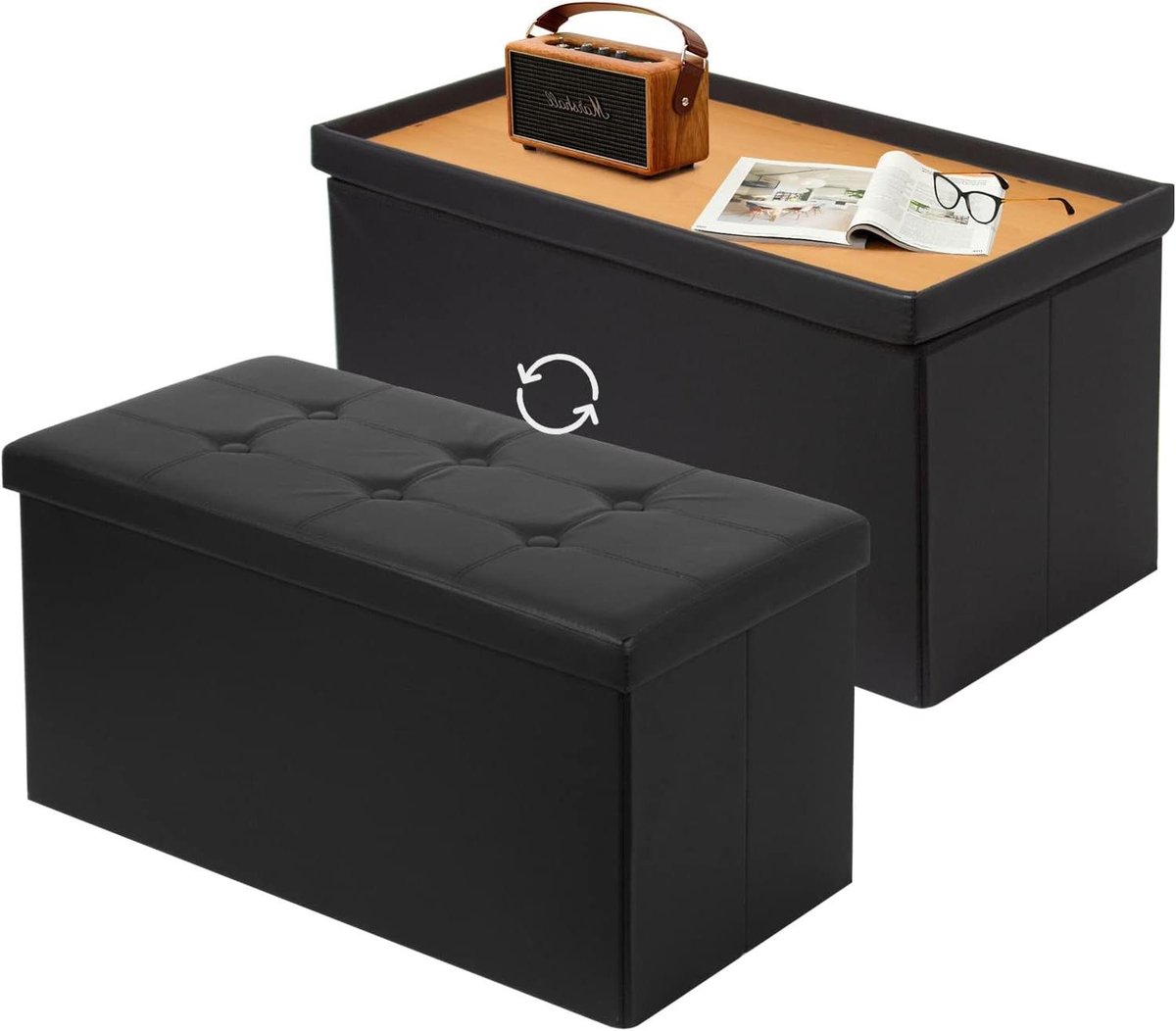 Opbergkist met Deksel - Opbergbank Poef - Ruimte Optimaliseren - Dubbelzijdig Deksel - 76x38x38cm - Zwart