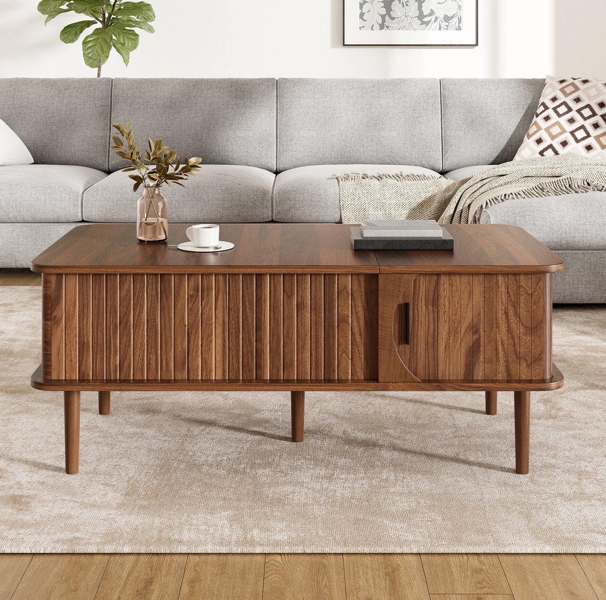 REDOM - Salontafel - In hoogte verstelbaar en uitschuifbaar tafelblad - Verschuifbare deur - MDF en houten poten - Retro - Woonkamer - Walnoot - 100 x 48 x 55,5 cm