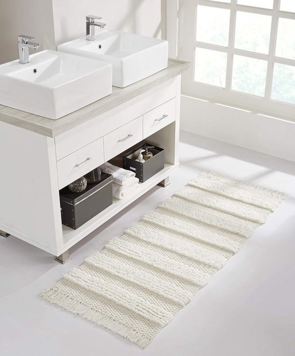 Boho Franje Badmat Loper Gestreept Wit Zacht voor Badkamer en Hal 61x152 cm