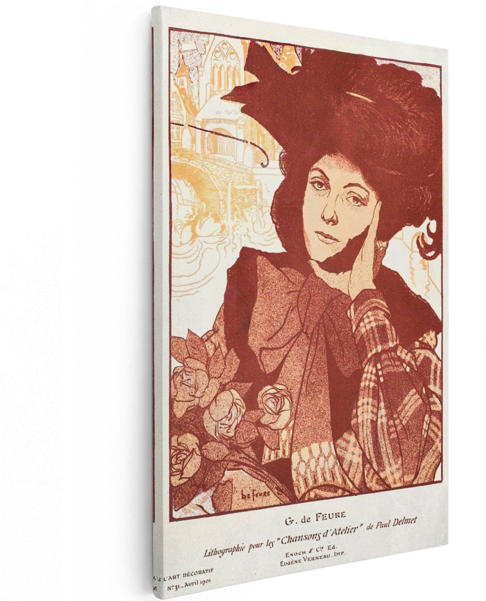 Artaza Canvas Schilderij Vrouw - 120x180 cm - Groot - Wanddecoratie Vintage Portret - Muurdecoratie Art Nouveau - Decoratie Rozen Lithografie
