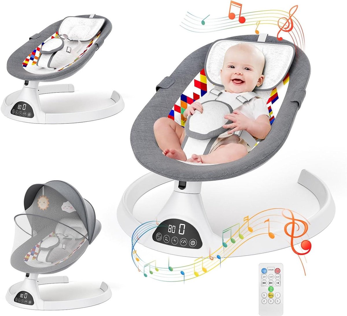 Baby Schommelstoel - Elektrische Bouncer - Baby Kalmeren - 5 Schommelstanden - Tot 9 kg - Donkergrijs