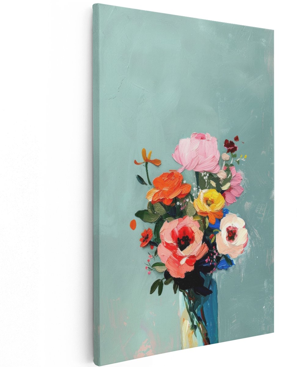 Artaza Canvas Schilderij Bloemen Boeket - 120x180 cm - Groot - Wanddecoratie Stilleven - Muurdecoratie Olieverf Vaas - Decoratie Kleurrijk Schilderij