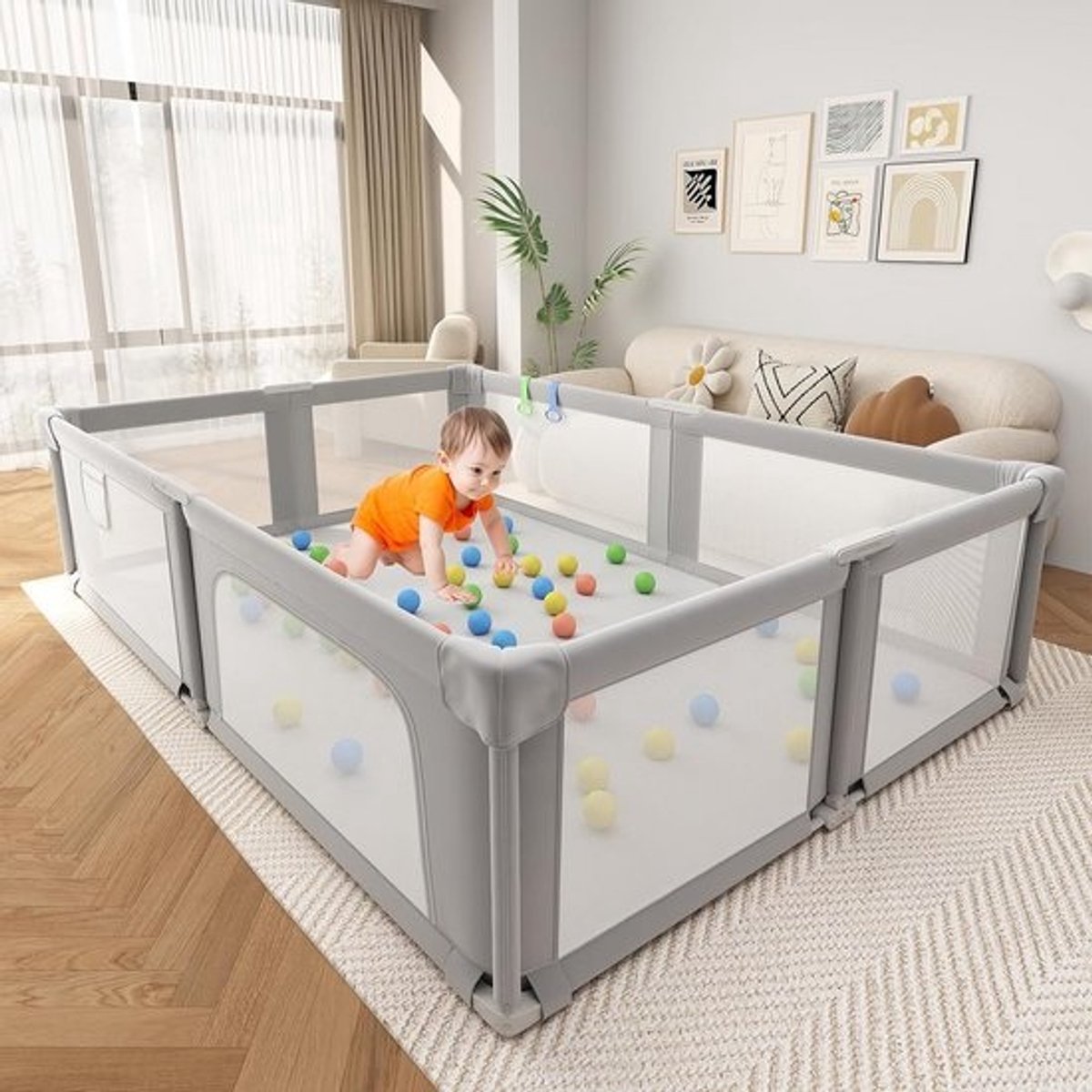 Opvouwbare babybox grijs 149,9 x 180 cm – speeltuin binnen en buiten – zacht ademend gaas – inklapbare babyspeelplaats met matras en oceaanballen