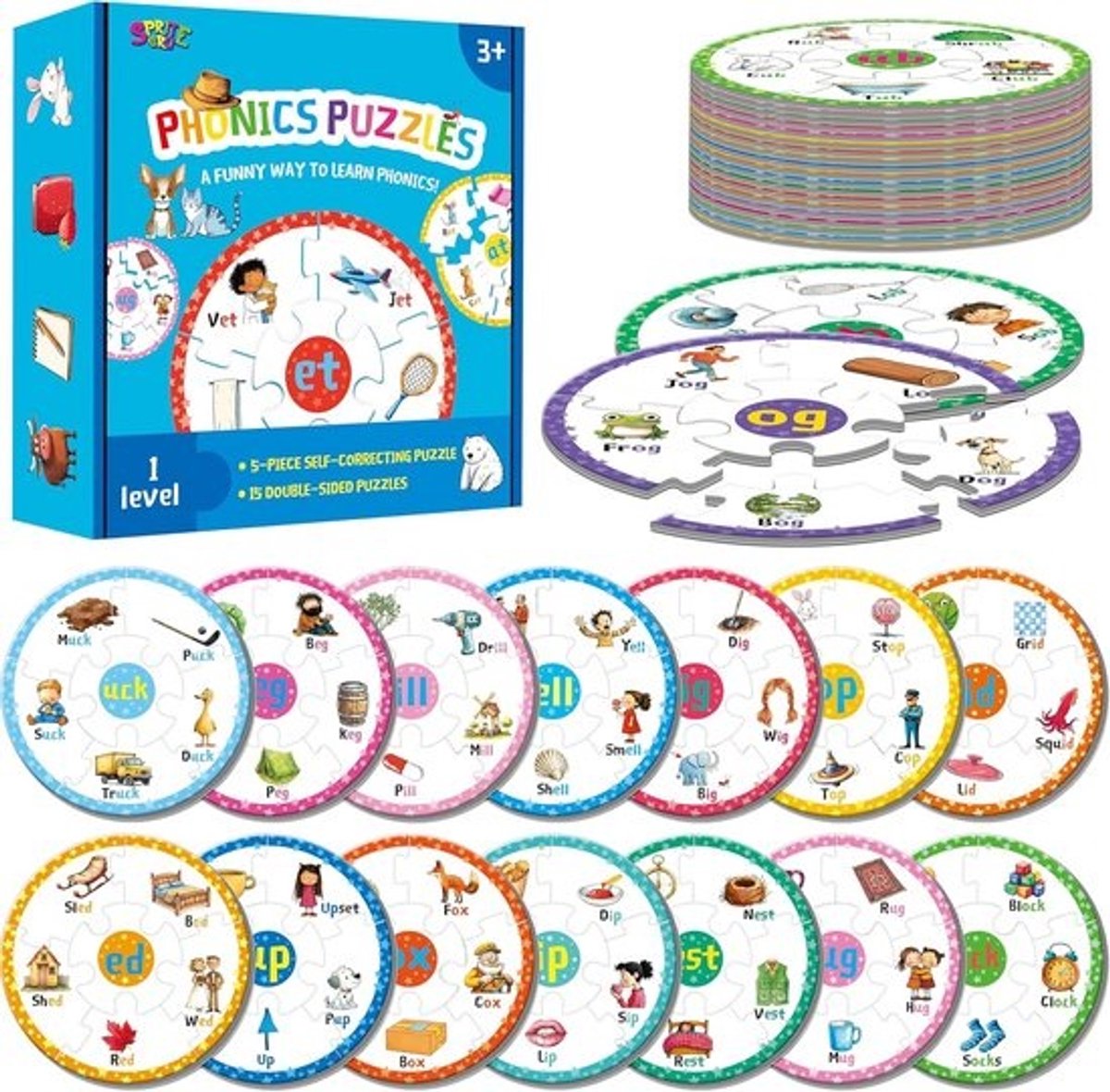 Phonics Puzzels Korte Klinkers - 30 Fonetische Puzzels & 150 Gezichtswoorden - Educatief Leerspel voor Peuters en Kleuters