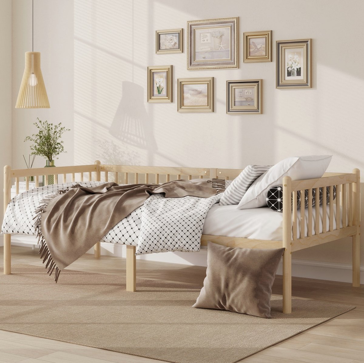 Bedbank 90 x 200 cm met 3-Zijdige Beschermrails – Hout – Natuurlijk – Dagbed Met Lattenbodem