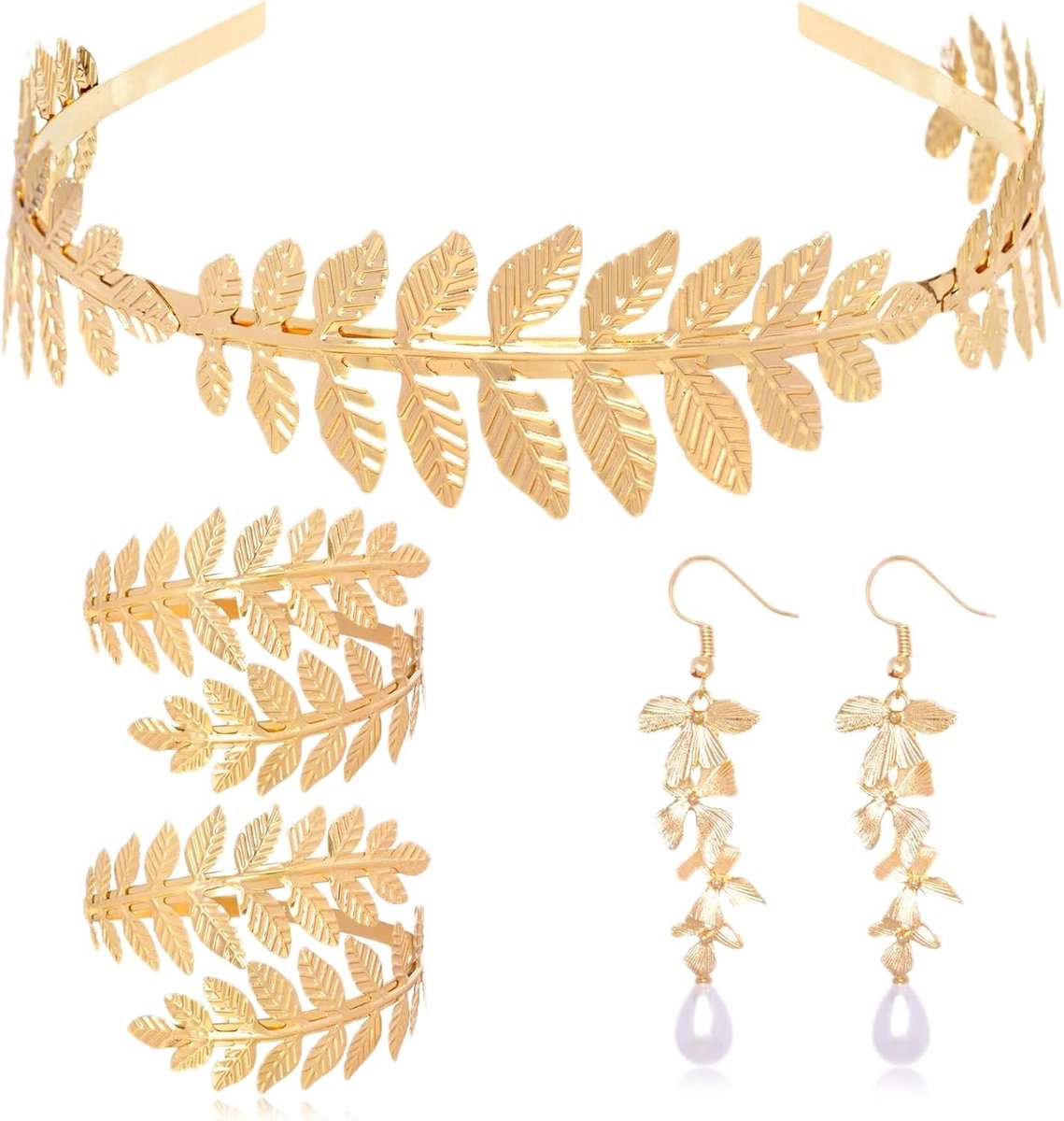 Griekse Godin Kostuum Set met Laurellenkrans, Blad Oorbellen en Haaraccessoires voor Bruiloft en Carnaval