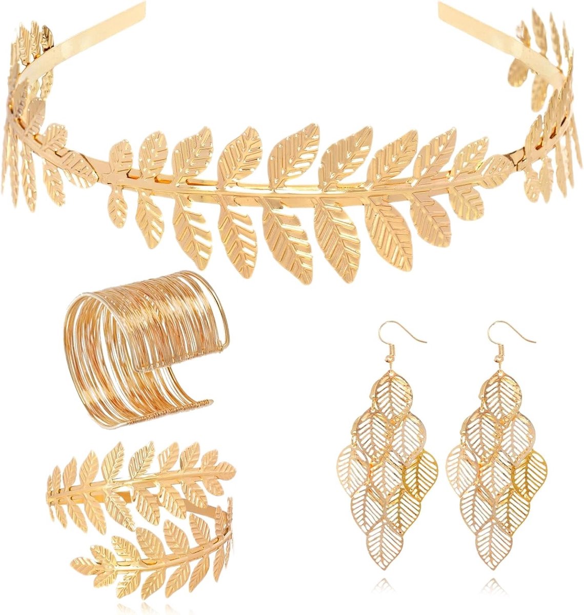 Griekse Godin Kostuum Set met Laurellen Krans, Bladeren Oorbellen en Haaraccessoires voor Feestdagen en Evenementen