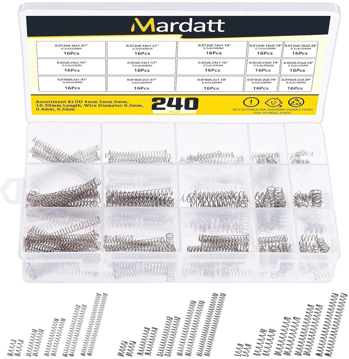 Complete set van 240 compressieveren in 15 maten, roestvrij staal, voor reparaties en klussen, met opbergdoos, diverse diameters en lengtes