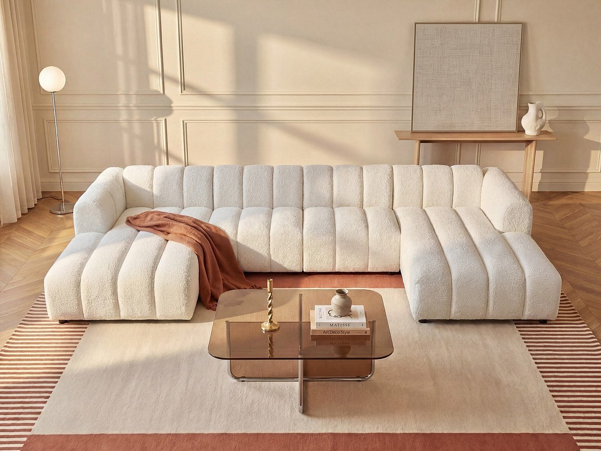 Vente-unique Chaise longue rechts in gebroken wit boucléstof JUTINI