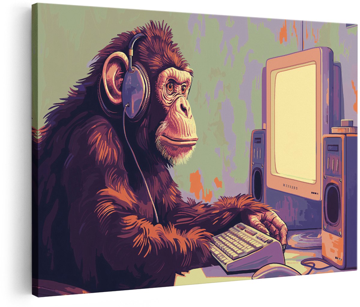 Artaza Canvas Schilderij Chimpansee - 180x120 cm - Groot - Wanddecoratie Aap met Koptelefoon - Muurdecoratie Retro Computer - Vintage Pop Art Schilderijen