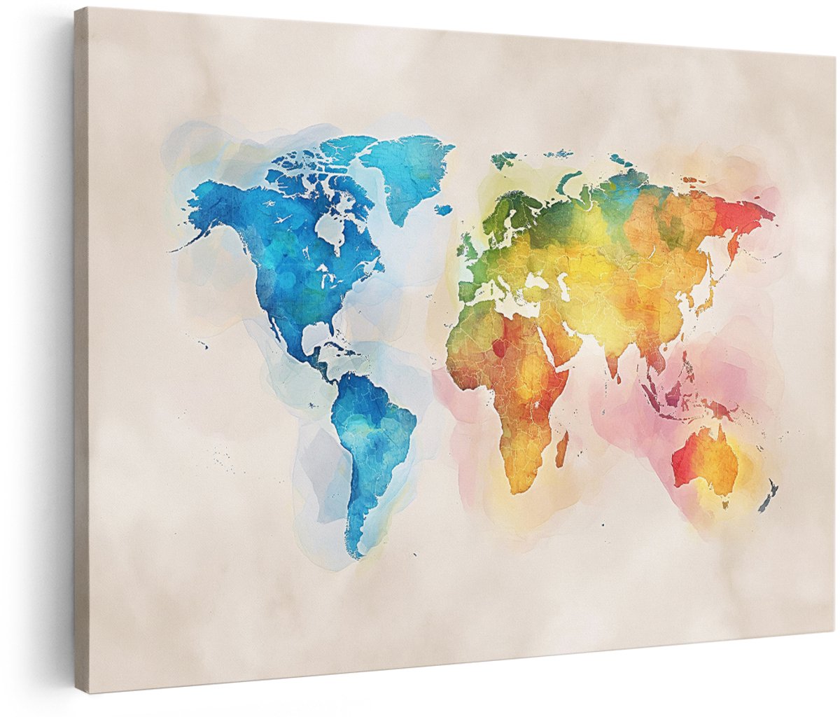 Artaza Canvas Schilderij Wereldkaart - 180x120 cm - Groot - Wanddecoratie Aquarel - Muurdecoratie Kleurrijk - Decoratie Woonkamer - Schilderijen Op Canvas