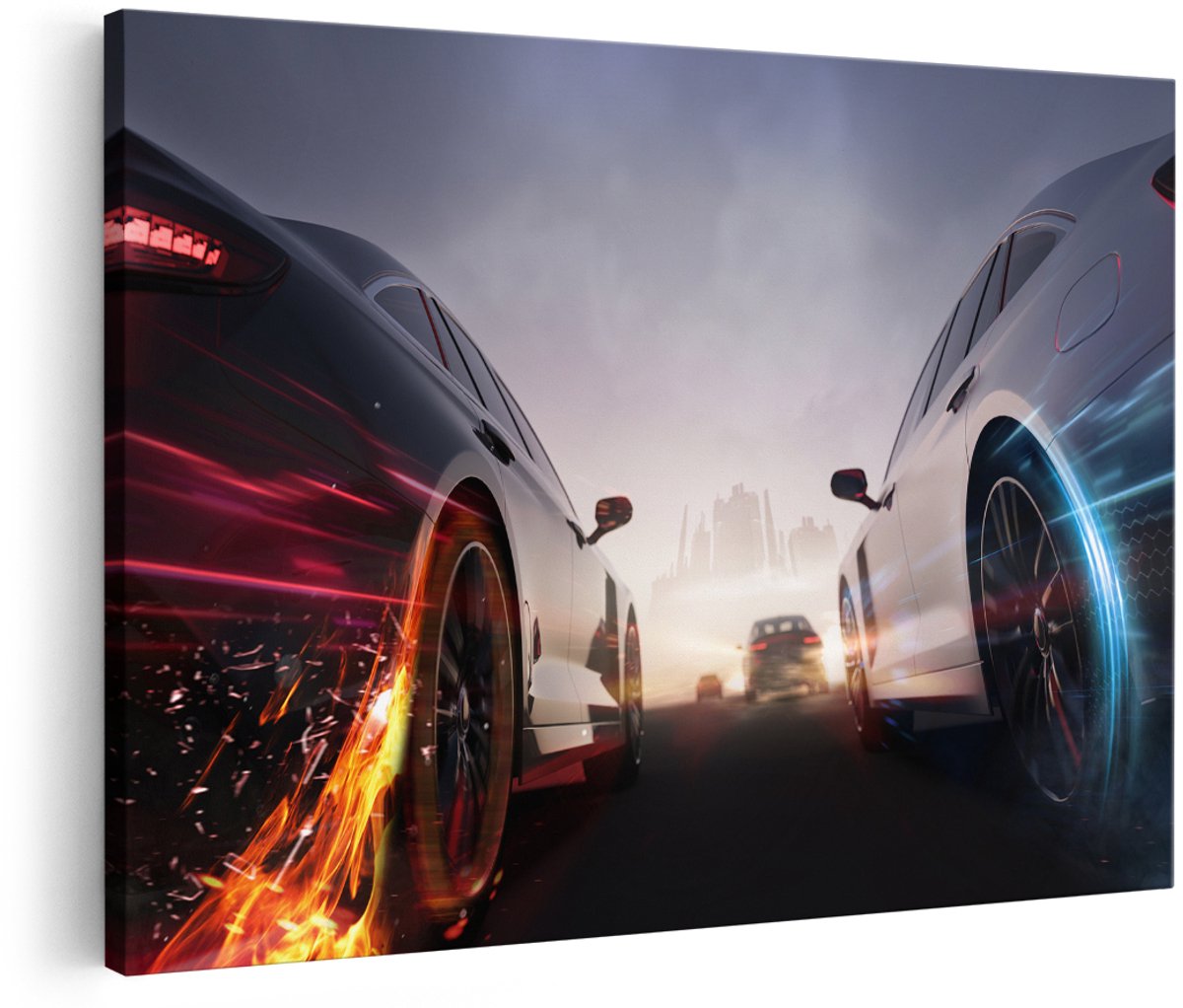 Artaza Canvas Schilderij Twee Raceauto's - Blauw Tegen Rood - 180x120 cm - Groot - Foto Op Canvas - Wanddecoratie Woonkamer