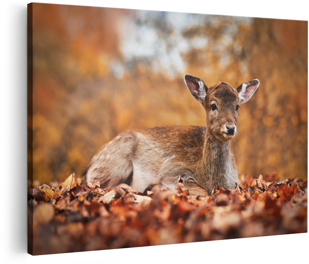 Artaza Canvas Schilderij Baby Hert tussen de Bladeren in een Herfst Bos - 180x120 cm - Groot - Foto Op Canvas - Wanddecoratie