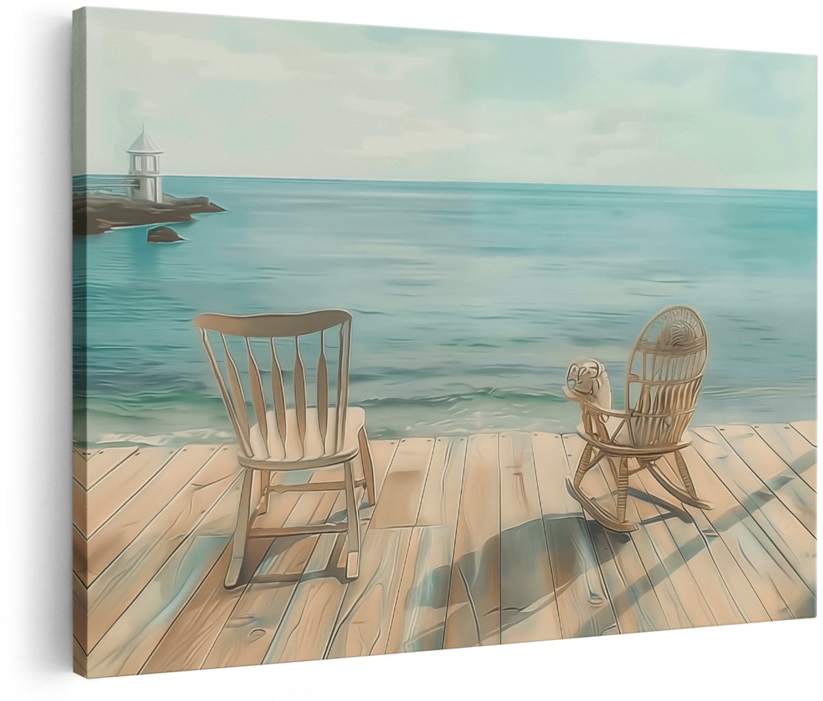 Artaza Canvas Schilderij Twee Schommelstoelen met Uitzicht op de Oceaan - Landschap - 180x120 cm - Groot - Wanddecoratie Woonkamer - Schilderijen - Muurdecoratie