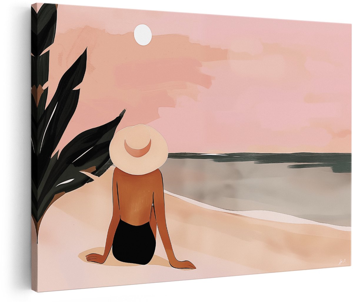 Artaza Canvas Schilderij Vrouw Zittend op het Strand - Strand - 180x120 cm - Groot - Wanddecoratie Woonkamer - Schilderijen - Muurdecoratie