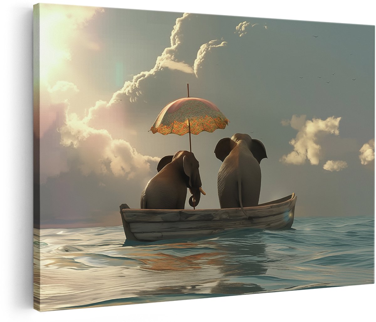 Artaza Canvas Schilderij Twee Olifanten in een Boot met een Paraplu - Dieren - 180x120 cm - Groot - Wanddecoratie Woonkamer - Schilderijen - Muurdecoratie