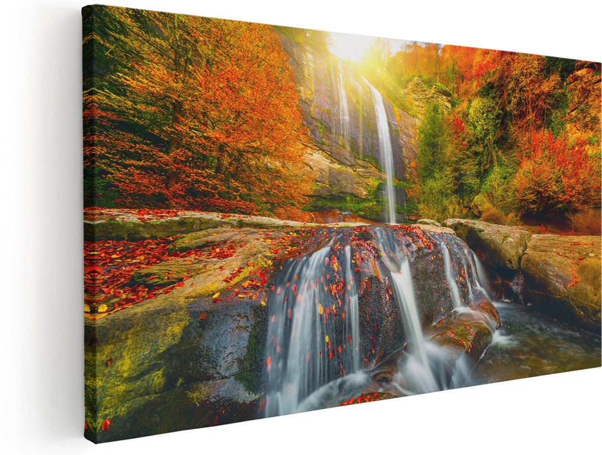 Artaza Canvas Schilderij Waterval In De Herfst Kleuren - 180x90 cm - Groot - Wanddecoratie Woonkamer - Schilderijen - Muurdecoratie