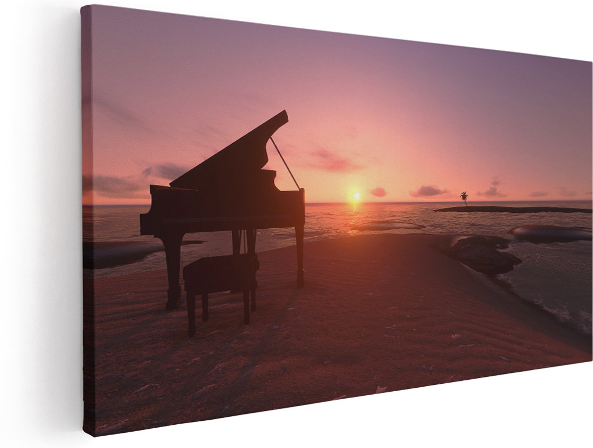Artaza Canvas Schilderij Piano op het Strand bij Zonsondergang - 180x90 cm - Groot - Wanddecoratie Woonkamer - Schilderijen - Muurdecoratie