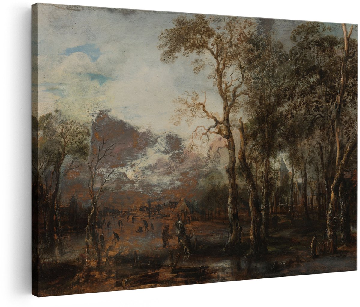Artaza Canvas Schilderij Winterlandschap - 180x120 cm - Groot - Wanddecoratie Schaatsers - Muurdecoratie Oude Meesters - Decoratie Hollandse Meesters