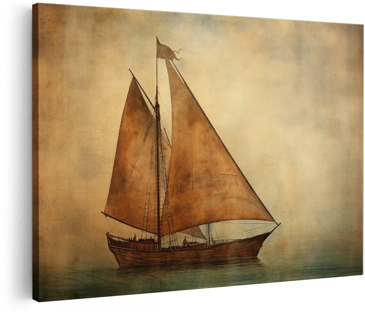 Artaza Canvas Schilderij Zeilboot - 180x120 cm - Groot - Wanddecoratie Vintage Zee - Muurdecoratie Schilderij Boot - Decoratie Bruin