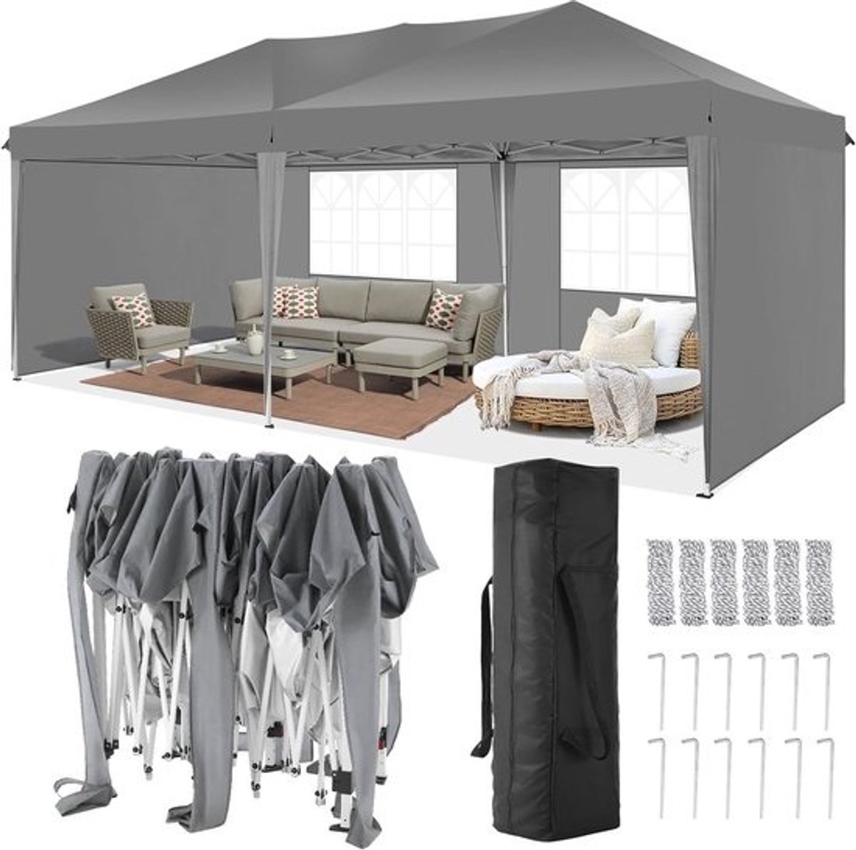 Pop-up Tent - Feest Tent - Buitenfeest Organiseren - Afneembare Zijwanden - 3x6 Meter - Grijs
