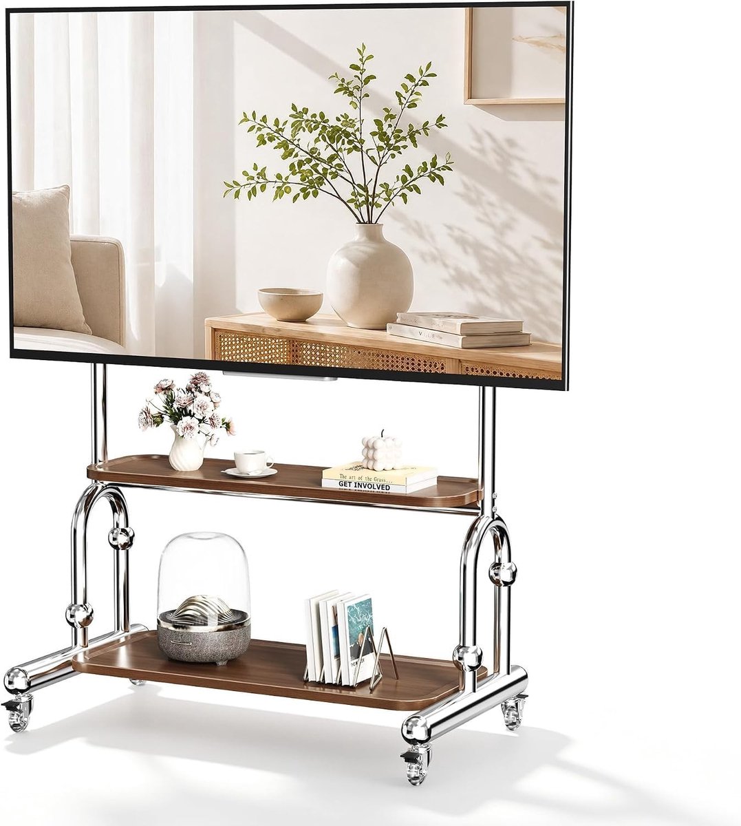 Verstelbare TV standaard op wielen met dubbele plank voor 32-65 inch TV, maximaal 40kg, VESA 600x400mm, ideaal voor woonkamer en slaapkamer