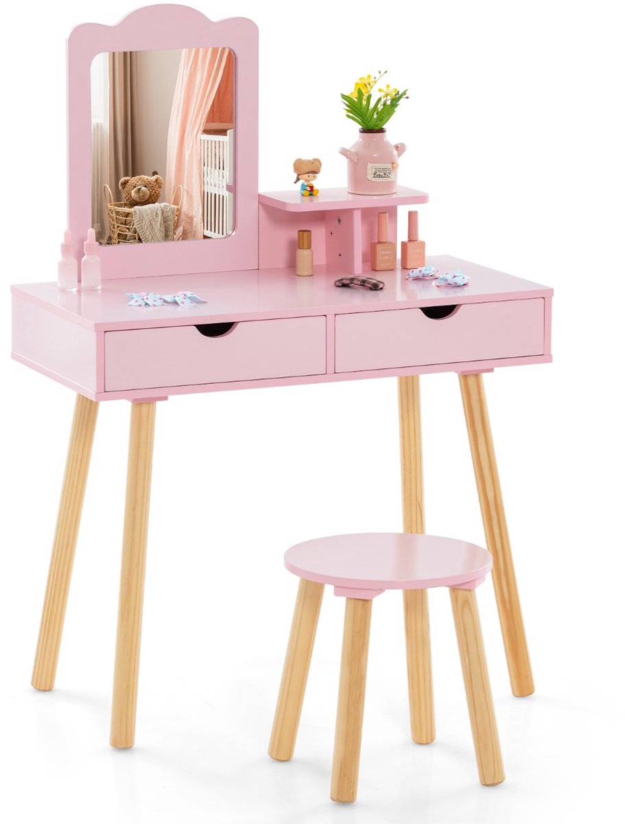 SureDeal® - Kaptafel - Kinder Make Tafel - Kruk - Afneembare Spiegel Roze - 70x37x100 cm - Roze