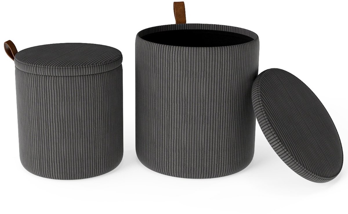 SureDeal® - Poef - Ronde Krukken - Opbergruimte Elkaar Schuiven - Afneembare Deksels - Gestoffeerde Zittingen - 39x44 cm - Grijs