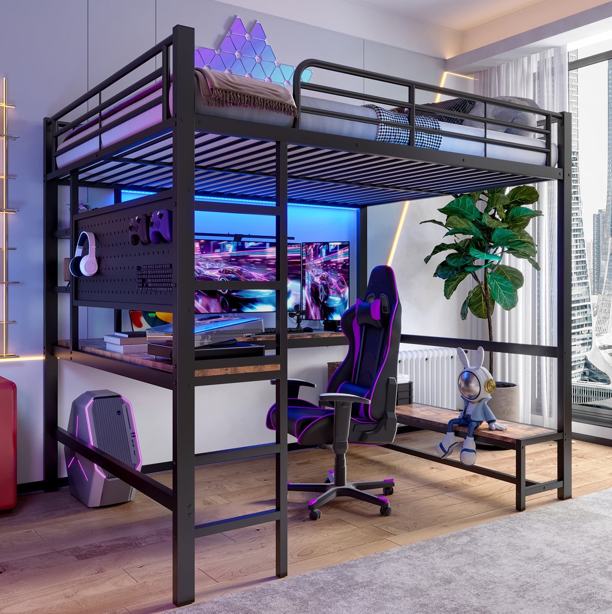 Wishdor Hoogslaper 140x200 cm - Met bureau en opbergrekken - Met LED, USB en Type-C - Met ladder en veiligheidsrail - Voor slapen en studeren - Metaal en MDF - Zwart