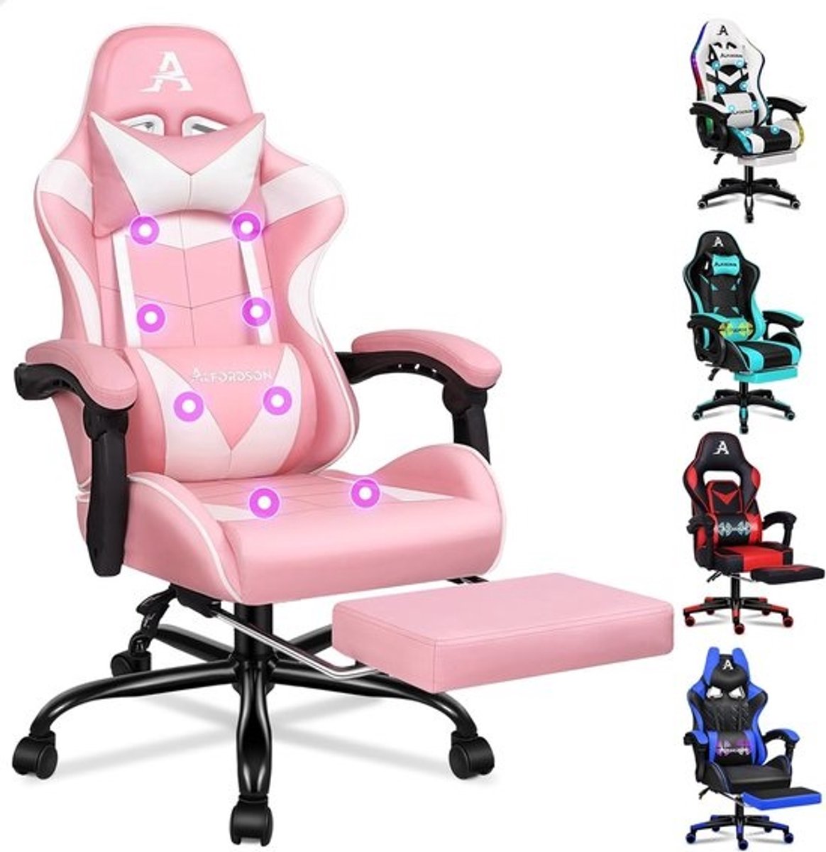 Gamingstoel met Massagepunten en Inklapbare Voetensteun - Ergonomische Racingstoel, Hoogte Verstelbaar, Draagvermogen 180 kg, Roze