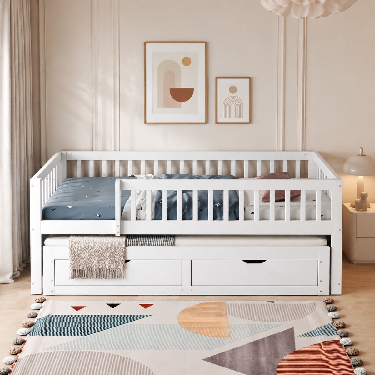 Wishdor Slaapbank 90x200 cm - Uitvalbeveiliging - Uittrekbed en 2 lades - Lattenbodem - Kinderkamer slaapkamer logeerkamer - Hout - Wit