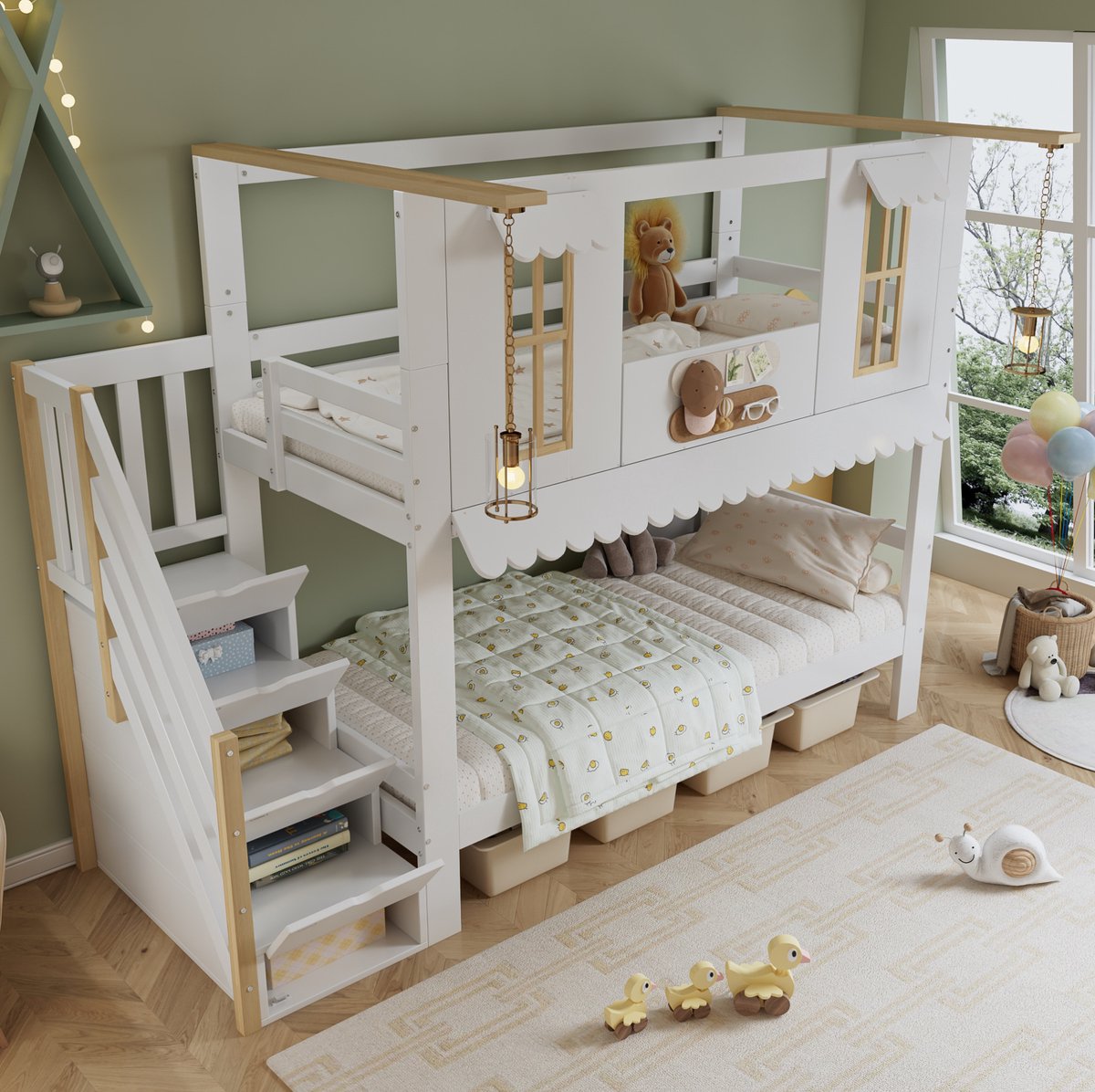 Wishdor Stapelbed 90x200 cm - Kinderbed met opbergtrede en huisvorm - Met raamdecoratie en ophangrand - Wit natuur - 252,5 x 97 x 201,5 cm