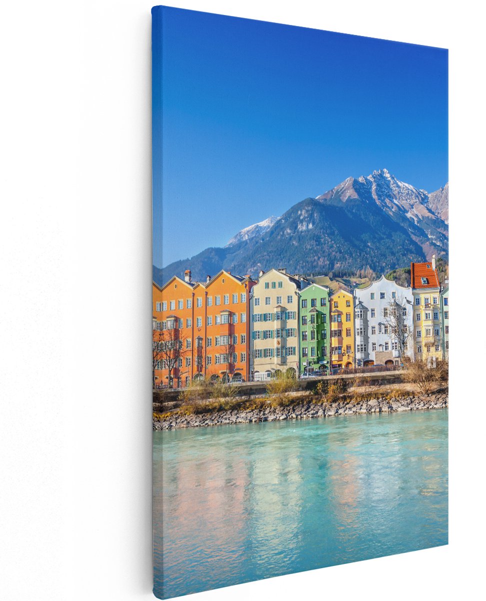 Artaza Canvas Schilderij Gekleurde Huisjes in Innsbruck, Oostenrijk - 120x180 cm - Groot - Wanddecoratie Woonkamer - Schilderijen - Muurdecoratie
