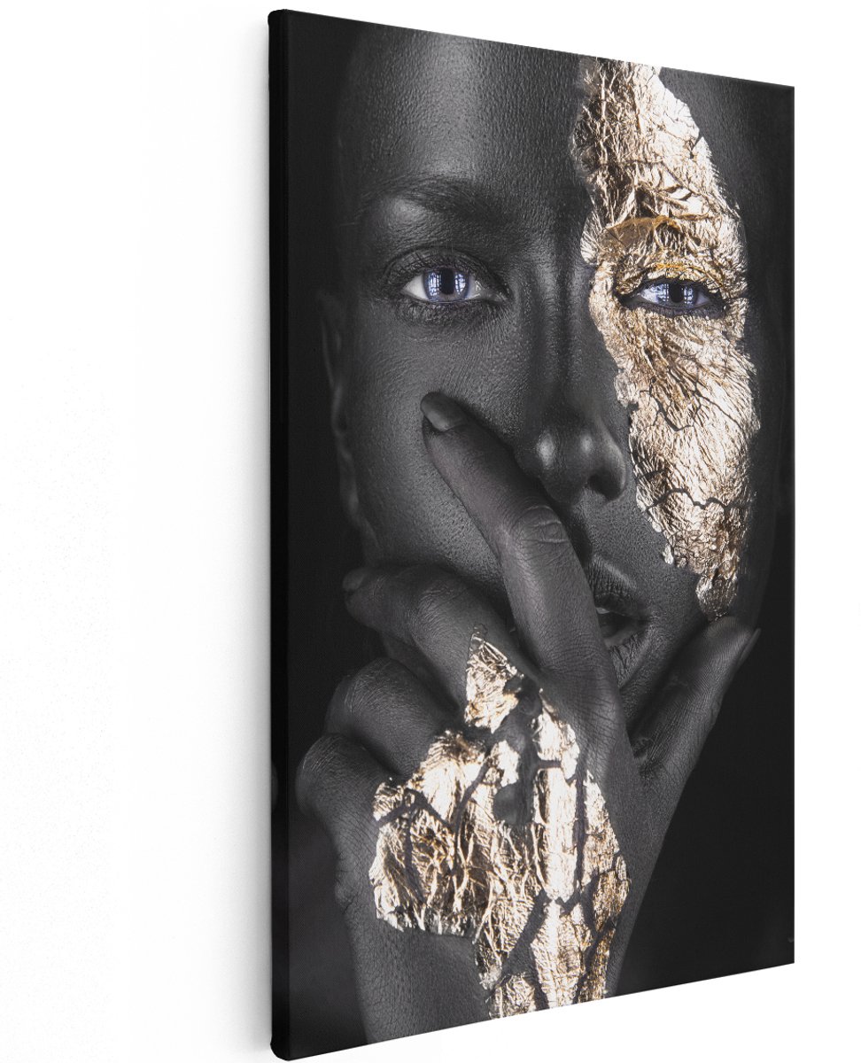 Artaza Canvas Schilderij Gouden Vrouw Gezicht - 120x180 cm - Groot - Wanddecoratie Woonkamer - Schilderijen - Muurdecoratie