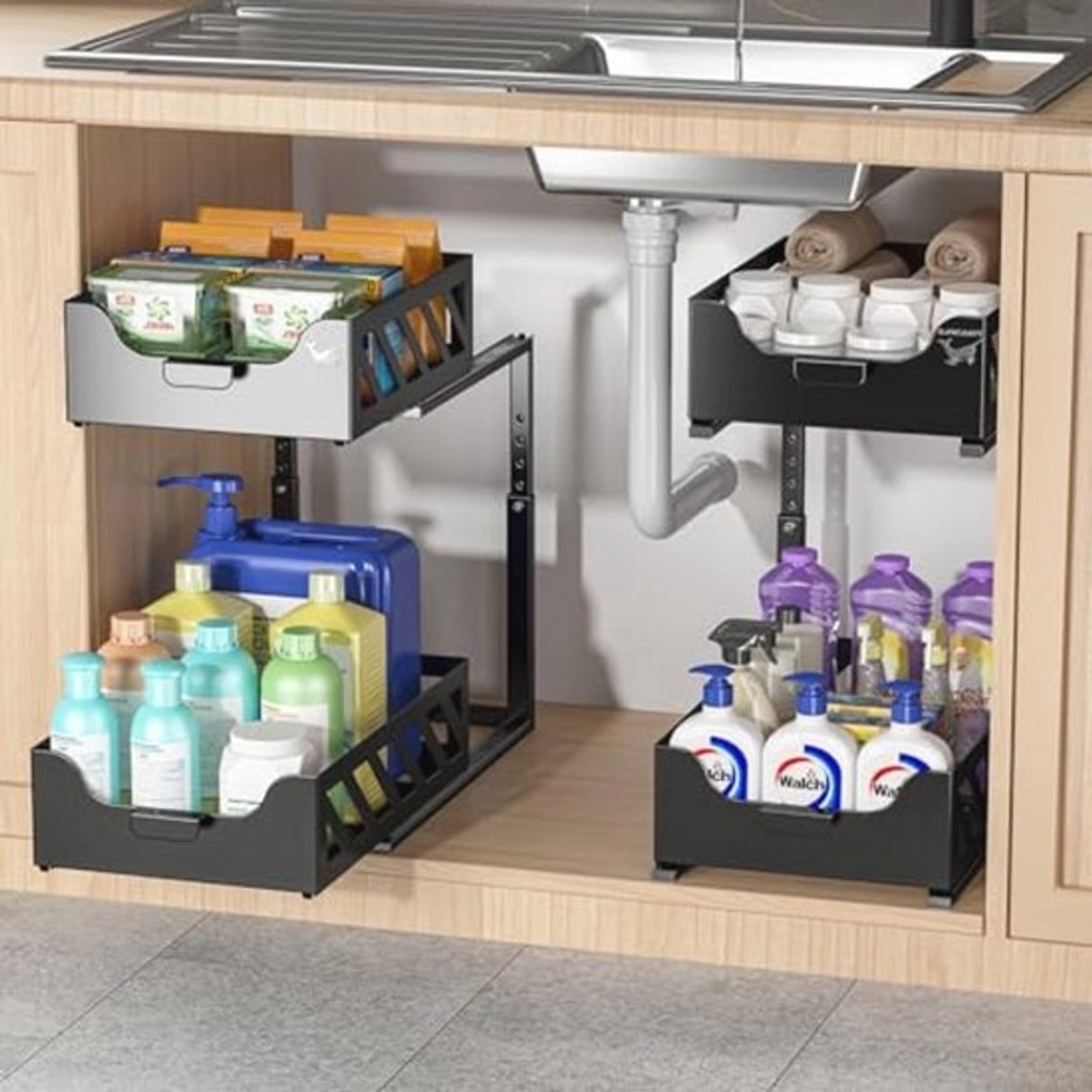Verstelbare Keuken en Badkamer Organizer met Uittrekfunctie - Metaal Gootsteen en Kast Organizer