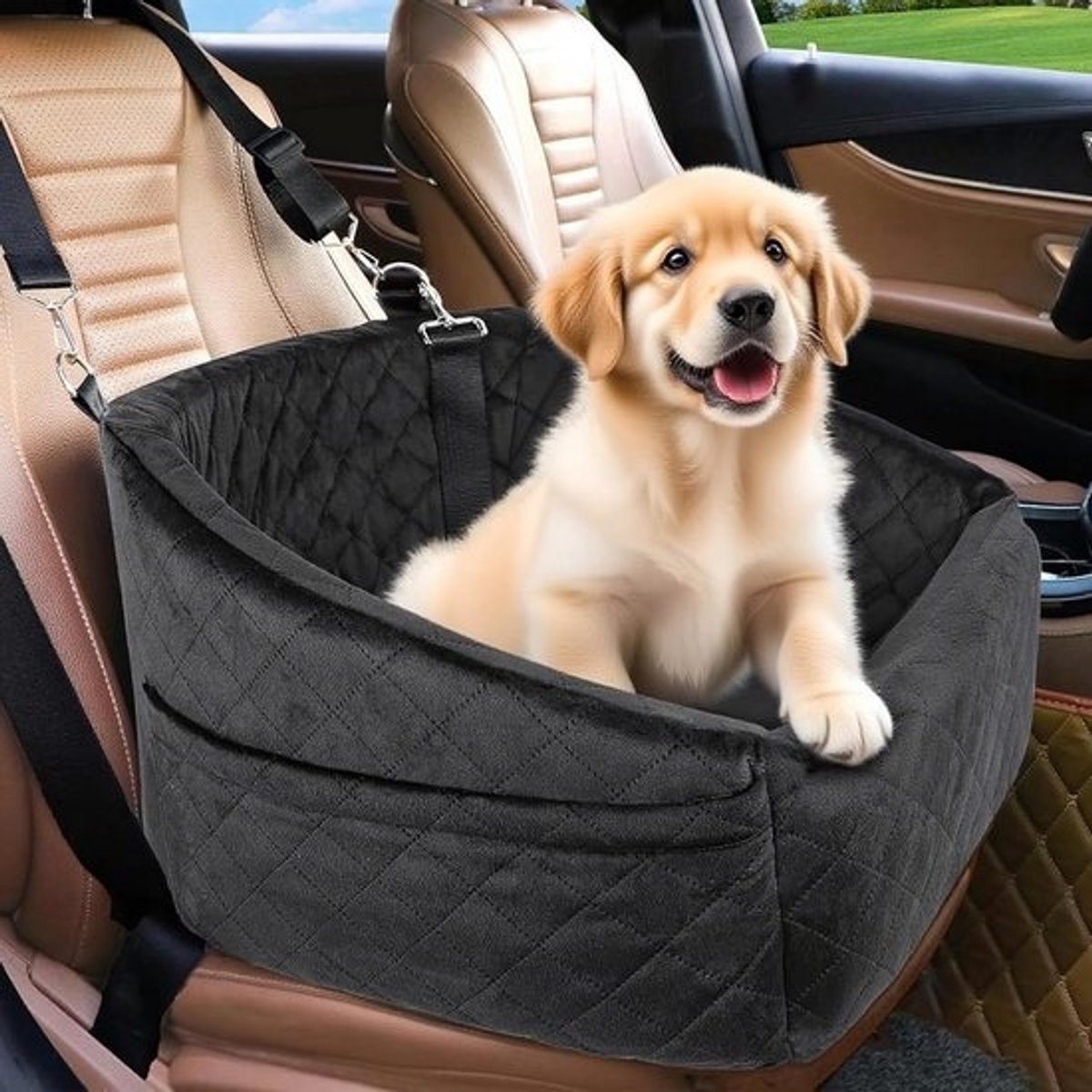 Hond Aftrekbaar Autostoeltje met Dik Kussen, Veiligheidslijn en Opbergvakken - voor Honden tot 14 kg