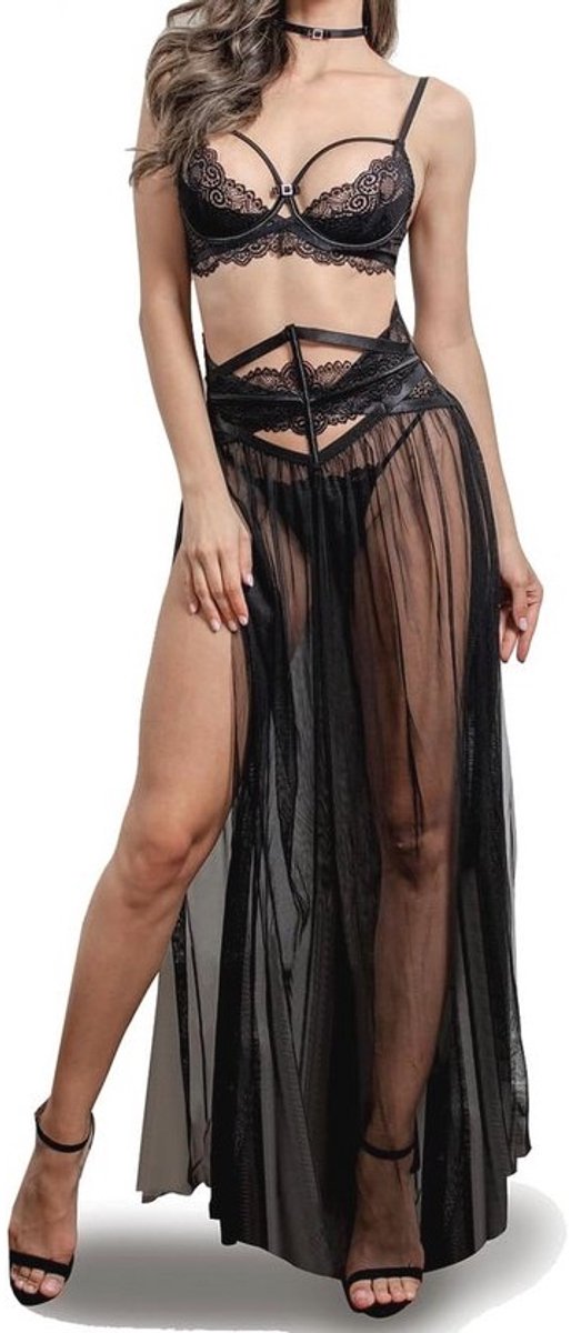 Lace lingerie-set voor dames met beha, gordel, halsband en G-string - 4-delig