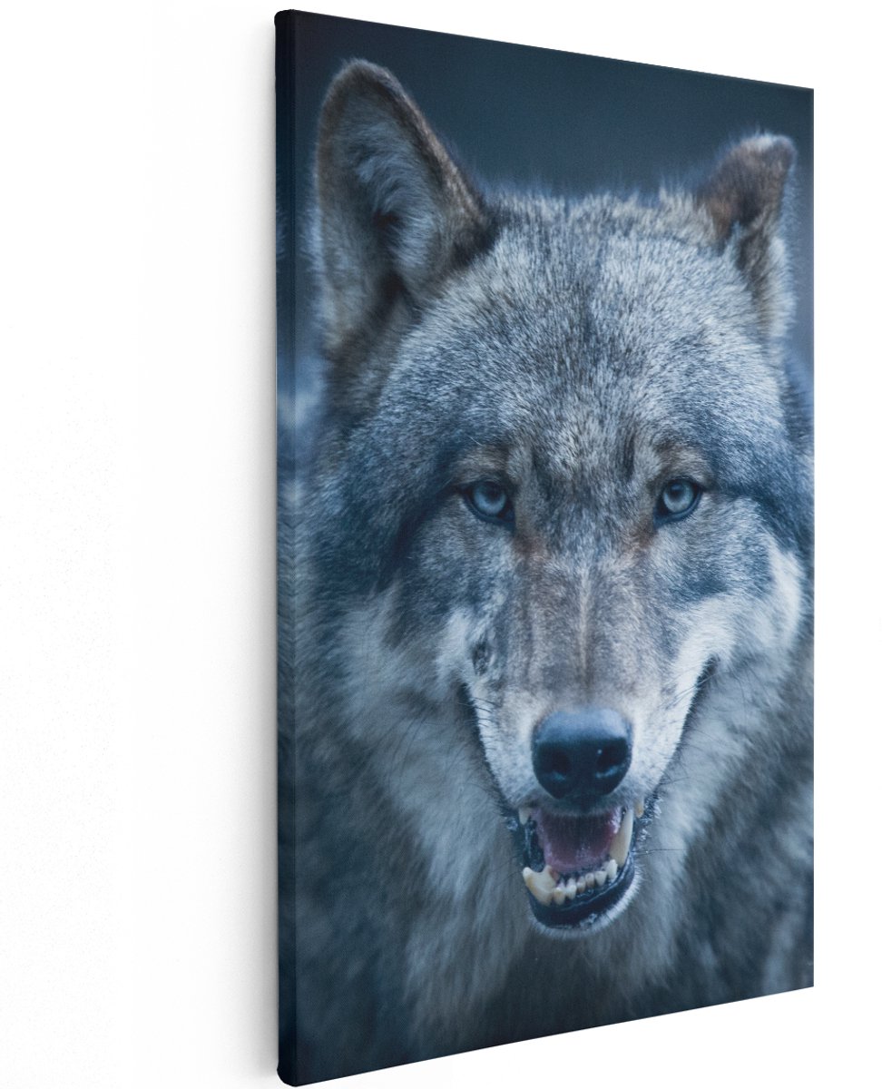 Artaza Canvas Schilderij Wolvenkop Met Blauwe Ogen - Wolf - 120x180 cm - Groot - Wanddecoratie Woonkamer - Schilderijen - Muurdecoratie