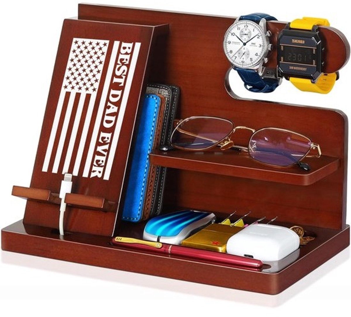 Houten Oplaadstation en Organizer voor Vaderdag