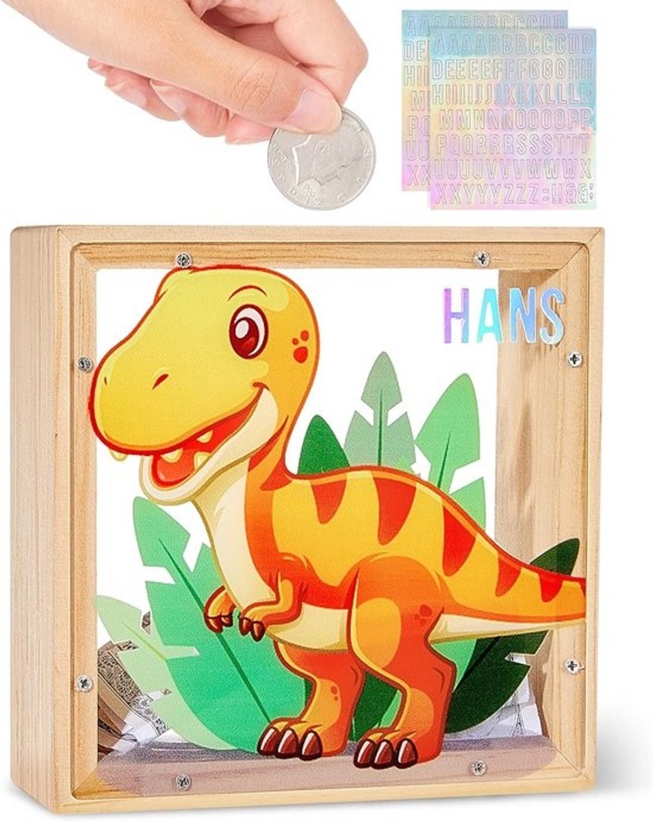 Houten Spaarpot - Muntjesbank Kinderen - Sparen Leren - DIY Naam Stickers - 15x15x4.8cm - Oranje