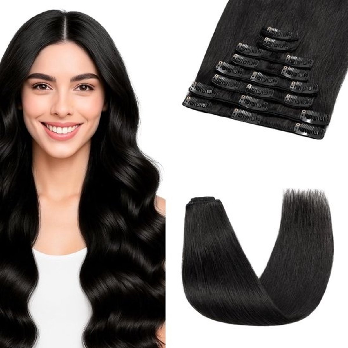 Clip-in Extensions Echt Haar Onzichtbaar Steil 20 cm Zwart 8 Delen Menselijk Haar