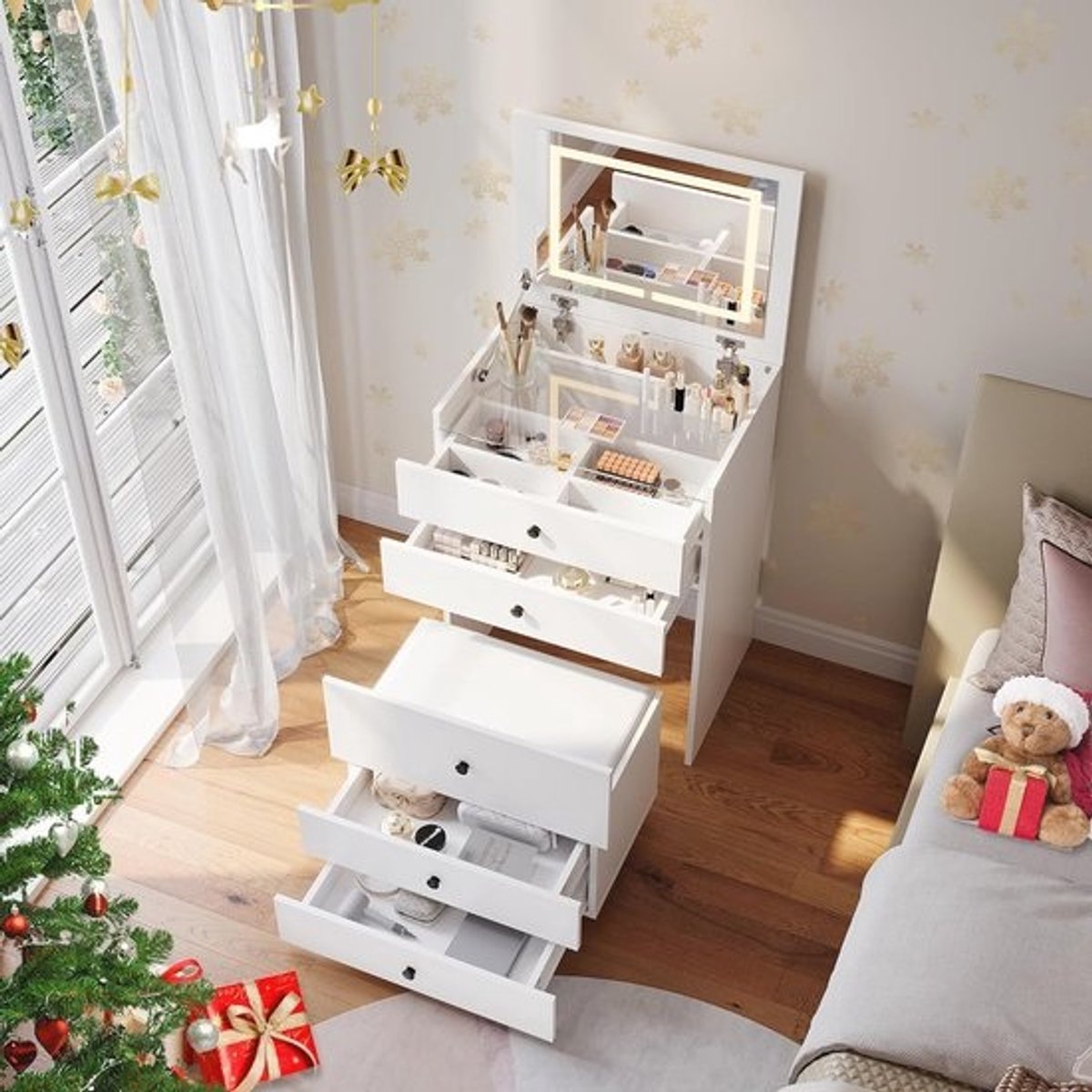 3-in-1 make-uptafel met led-verlichting en klapspiegel - Kaptafel met opbergkruk en wielen