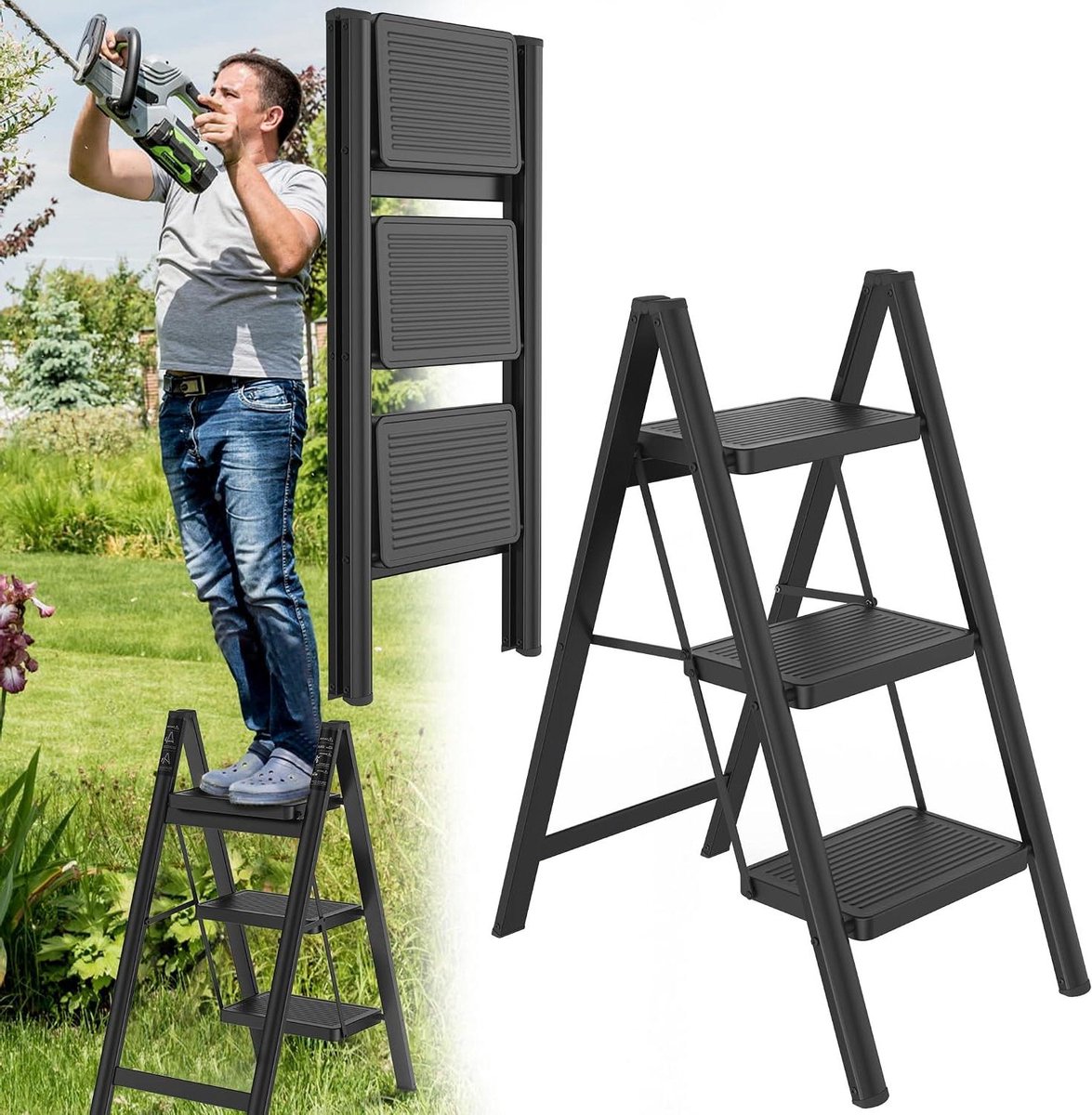 Trapladder 3 treden - Vouwladder trapkruk - Huishoudelijk werk - Antislip treden - Belastbaar 150kg - Metaal