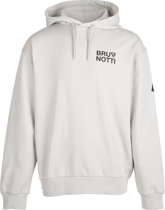 Lichtgrijze hoodie van Brunotti met 'BRU NOTTI' logo op de borst, zwarte driehoek op de mouw en ribdetails.