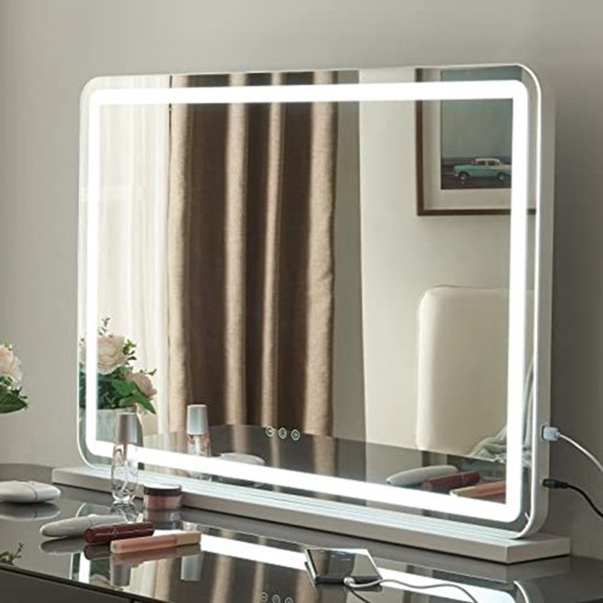 Make-upspiegel met Verlichting en Dimbare Verlichting | Hollywood Spiegel met 3 Lichtkleuren en Touchfunctie | Tafelspiegel met 10x Vergrootglas | 80x55cm