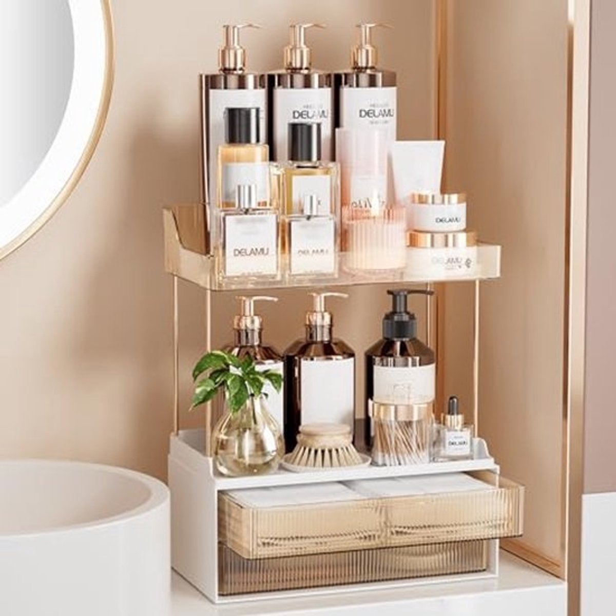 2-Tier 2-lade Badkamer Organizer - Multifunctionele Make-up Organizer en Huidverzorgingsoplossing