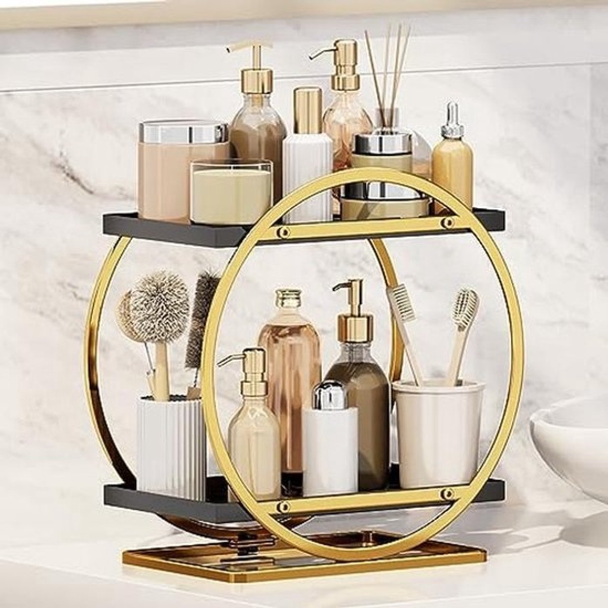 Make-up Organizer en Opslag, 2-Laags Cosmetica Display voor Badkamer en Keuken - Zwart en Goud