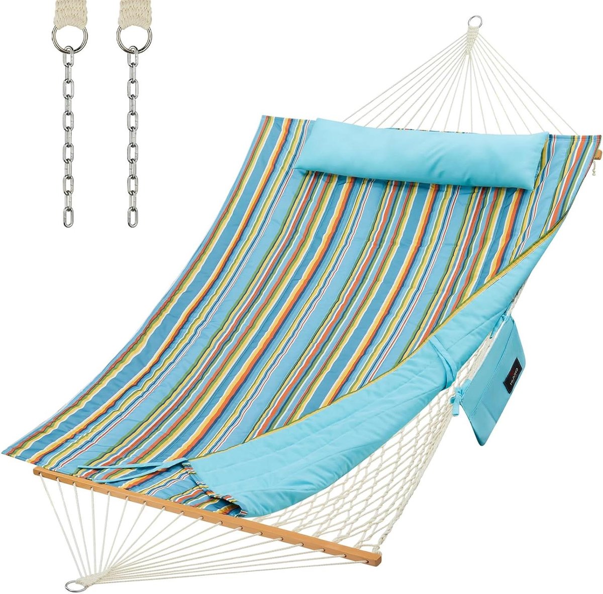 Dubbele Hangmat - Touw model - Buiten Ontspannen - Met Kussen Pad - 2 Persoons - Blauw Gestreept